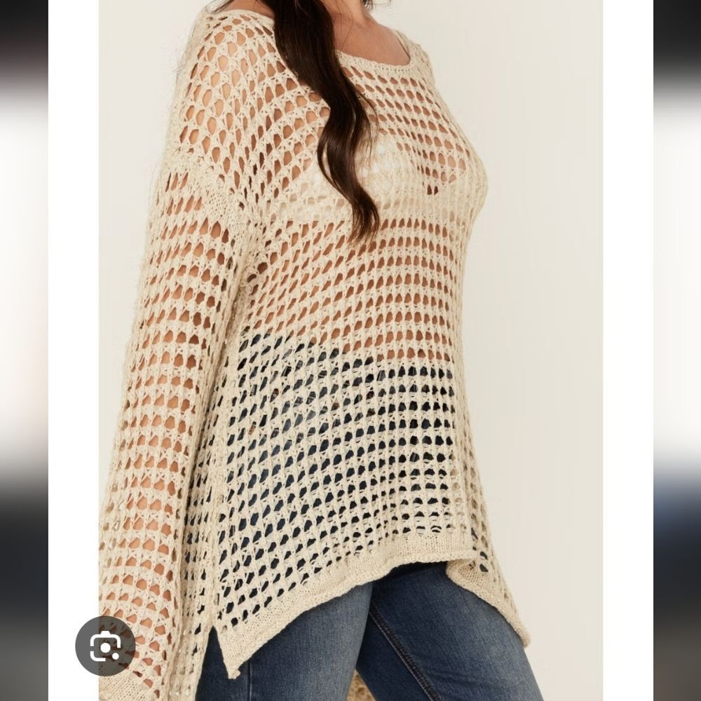 POL Women's Open Crochet Long Sleeve Sweater in Cream Size Medium